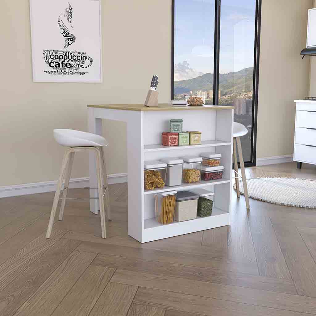 White kitchen island with wooden countertop and builtin shelving