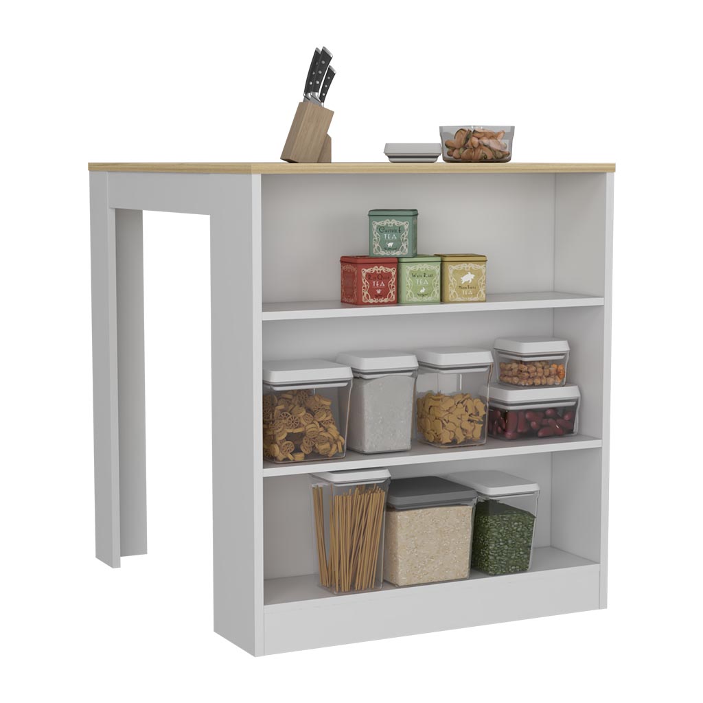 Modern white kitchen island with wood top and organized pantry storage