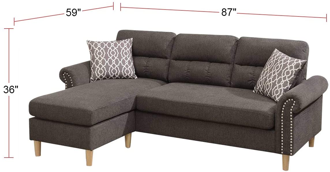 Dark grey fabric sectional sofa with chaise and decorative nailhead trim