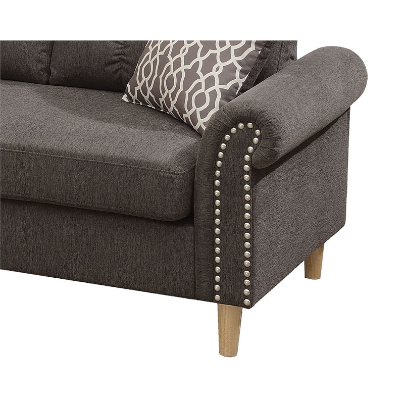 Dark grey linen sofa with rolled arm and silver nailhead trim detail