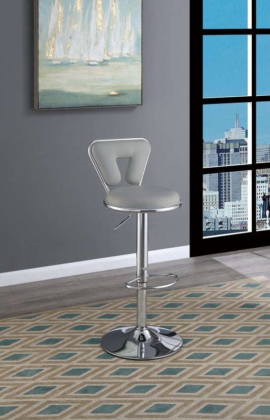 Sleek gray upholstered bar stool with adjustable height and chrome accents