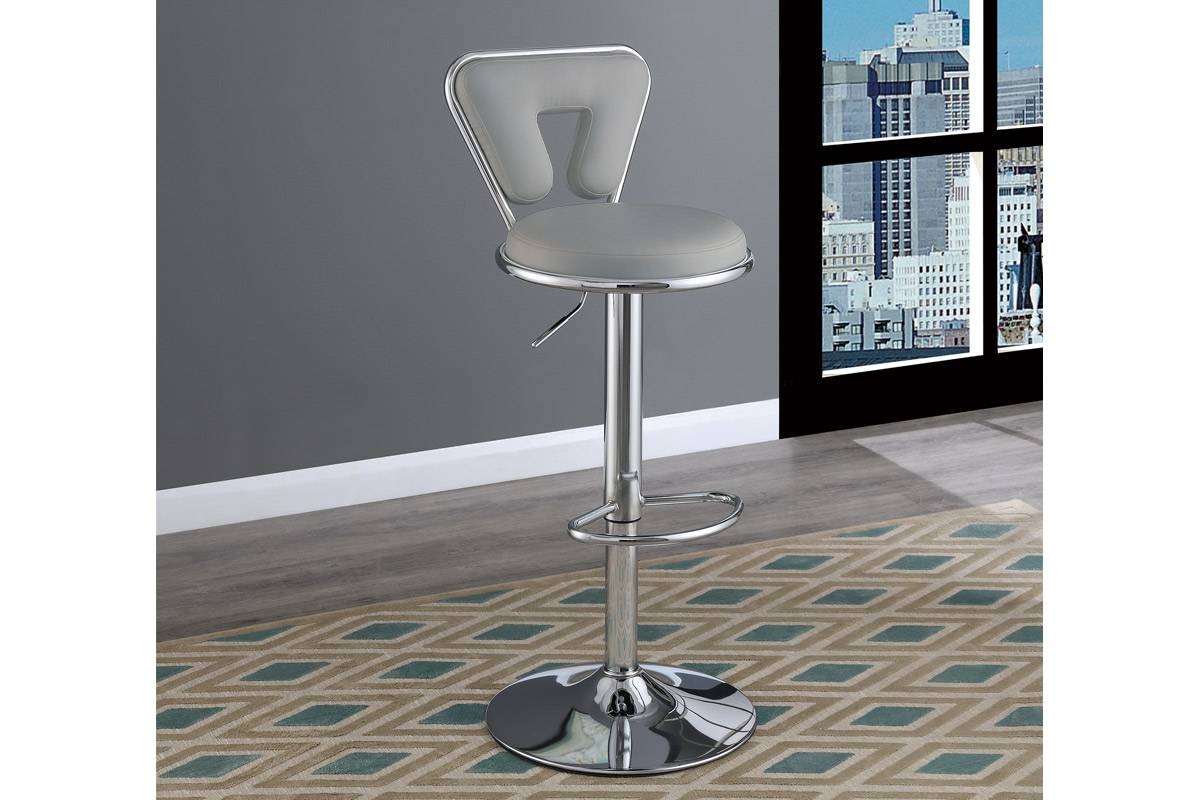 Adjustable grey leatherette bar stool with chrome base and footrest