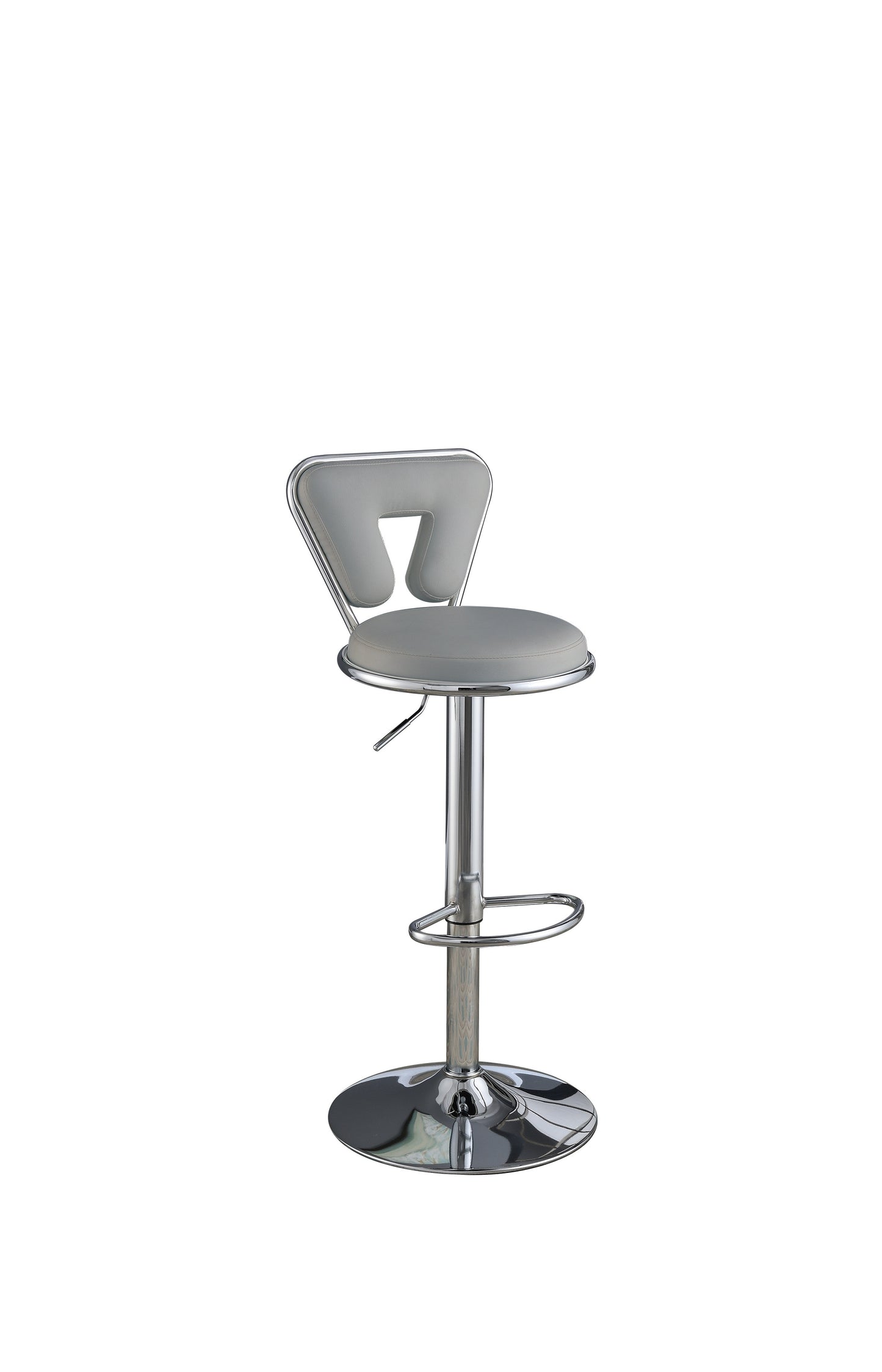 Adjustable gray faux leather bar stool with polished chrome base and footrest