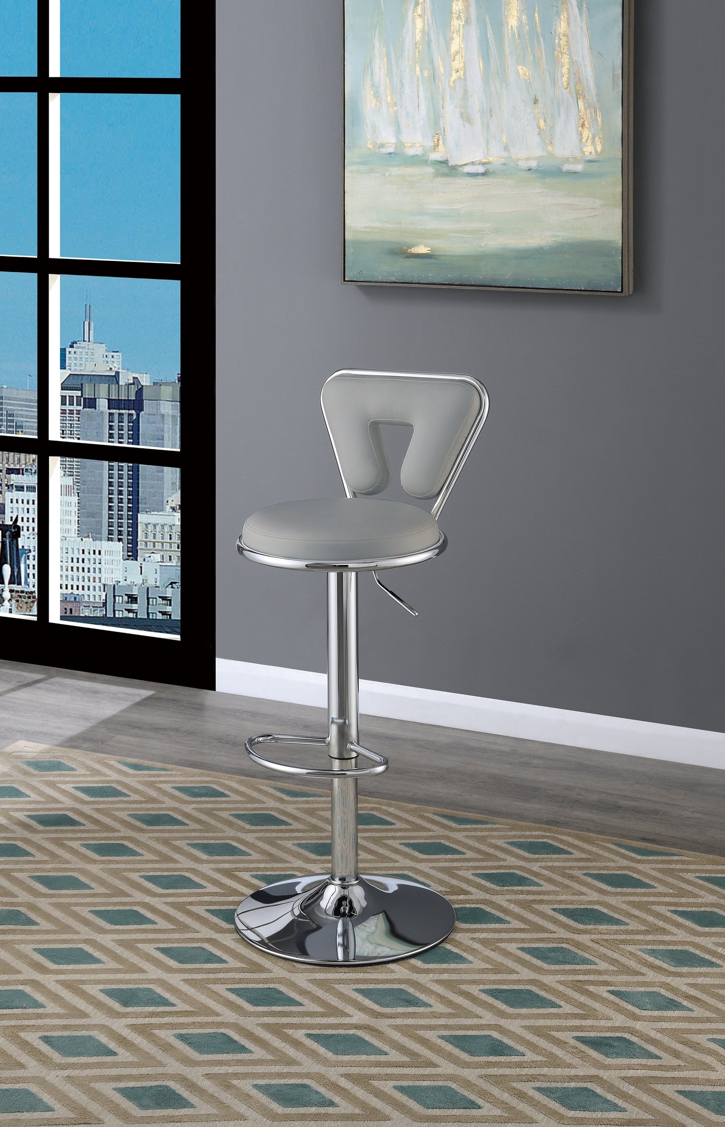 Modern grey adjustable bar stool with chrome base and comfortable padded seat perfect for kitchen islands