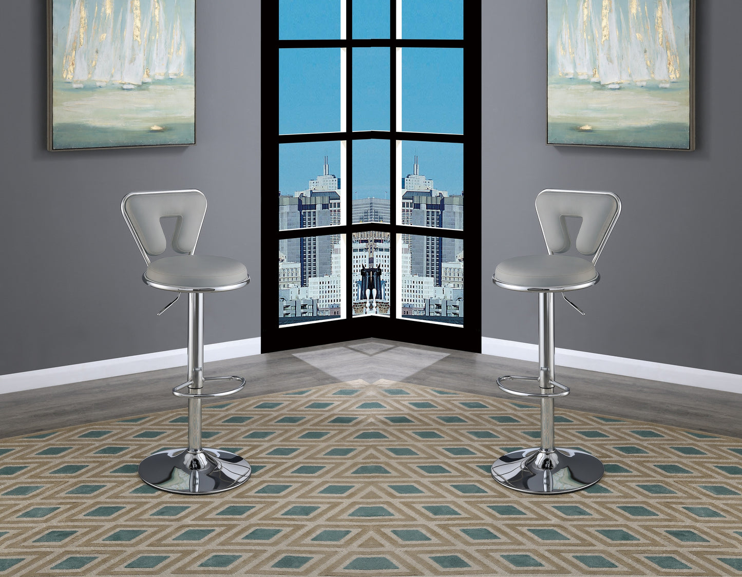 Modern gray faux leather bar stool with chrome base and adjustable height