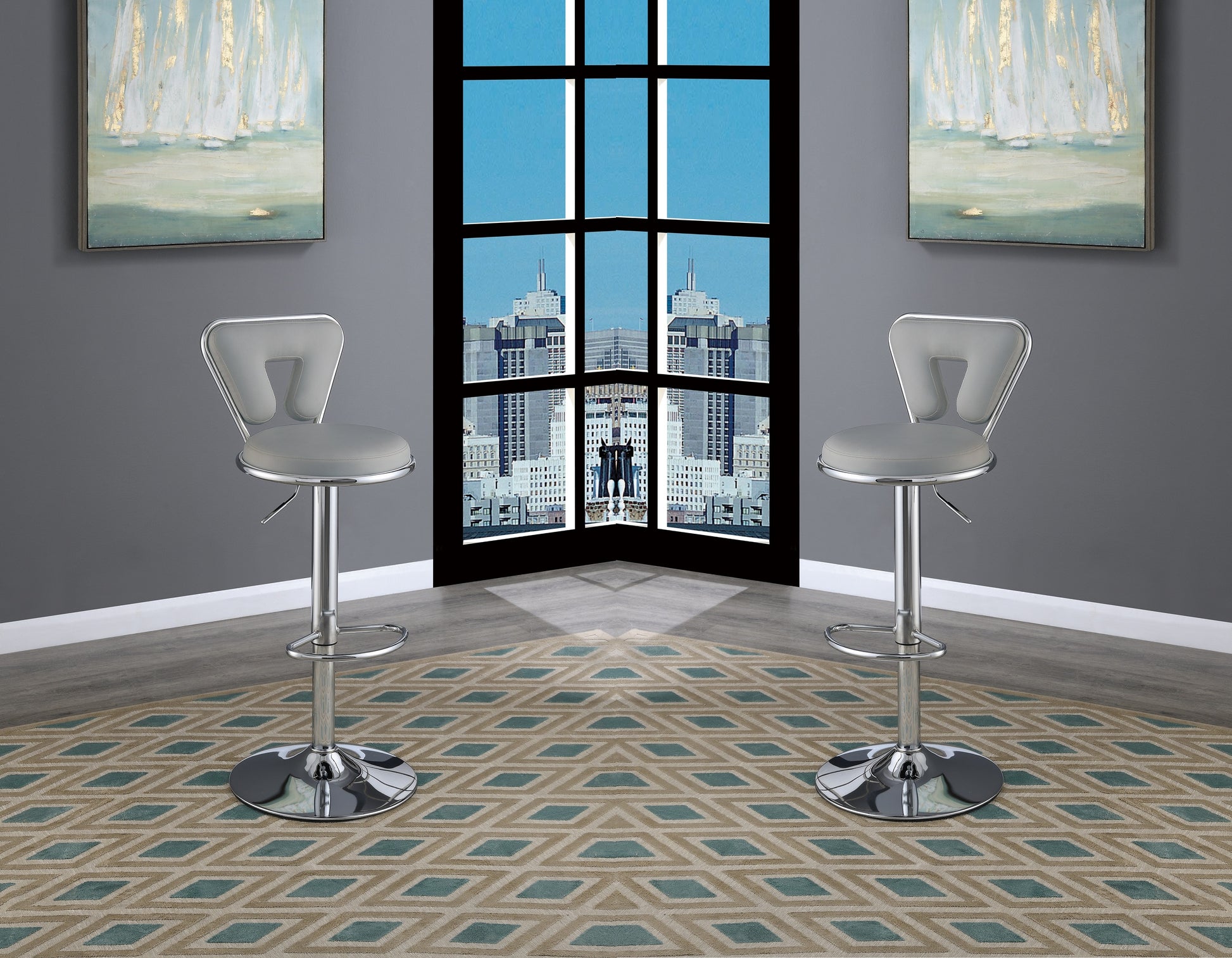 Modern gray faux leather bar stool with chrome base and adjustable height