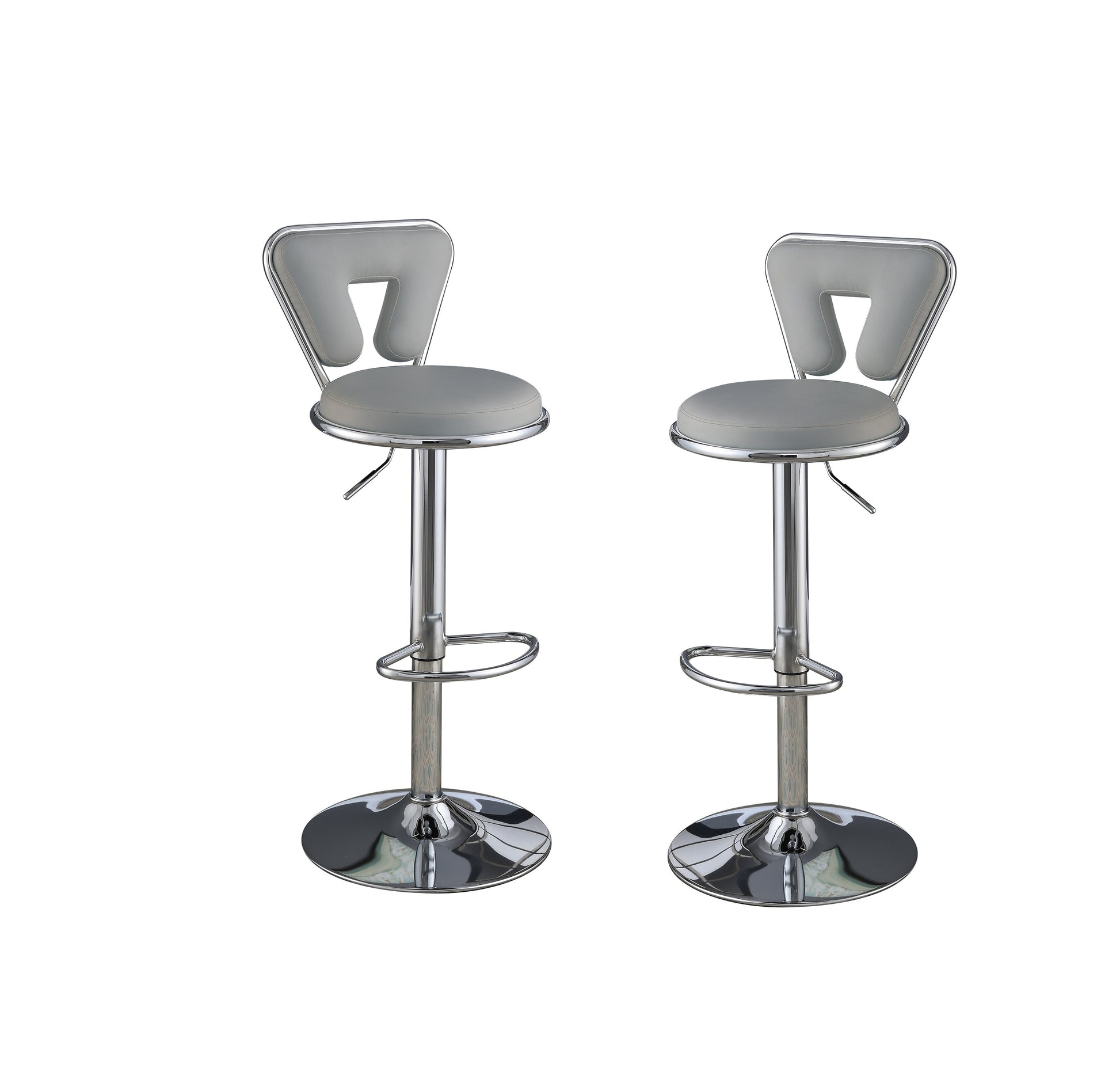 Two grey leather adjustable bar stools with chrome bases