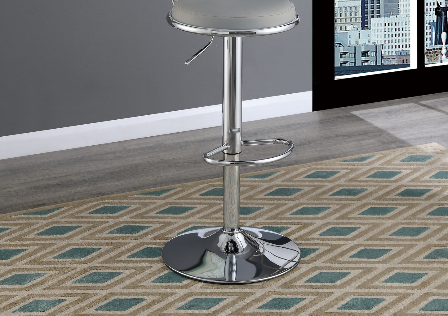 Adjustable grey leather bar stool with chrome base and footrest ideal for kitchens