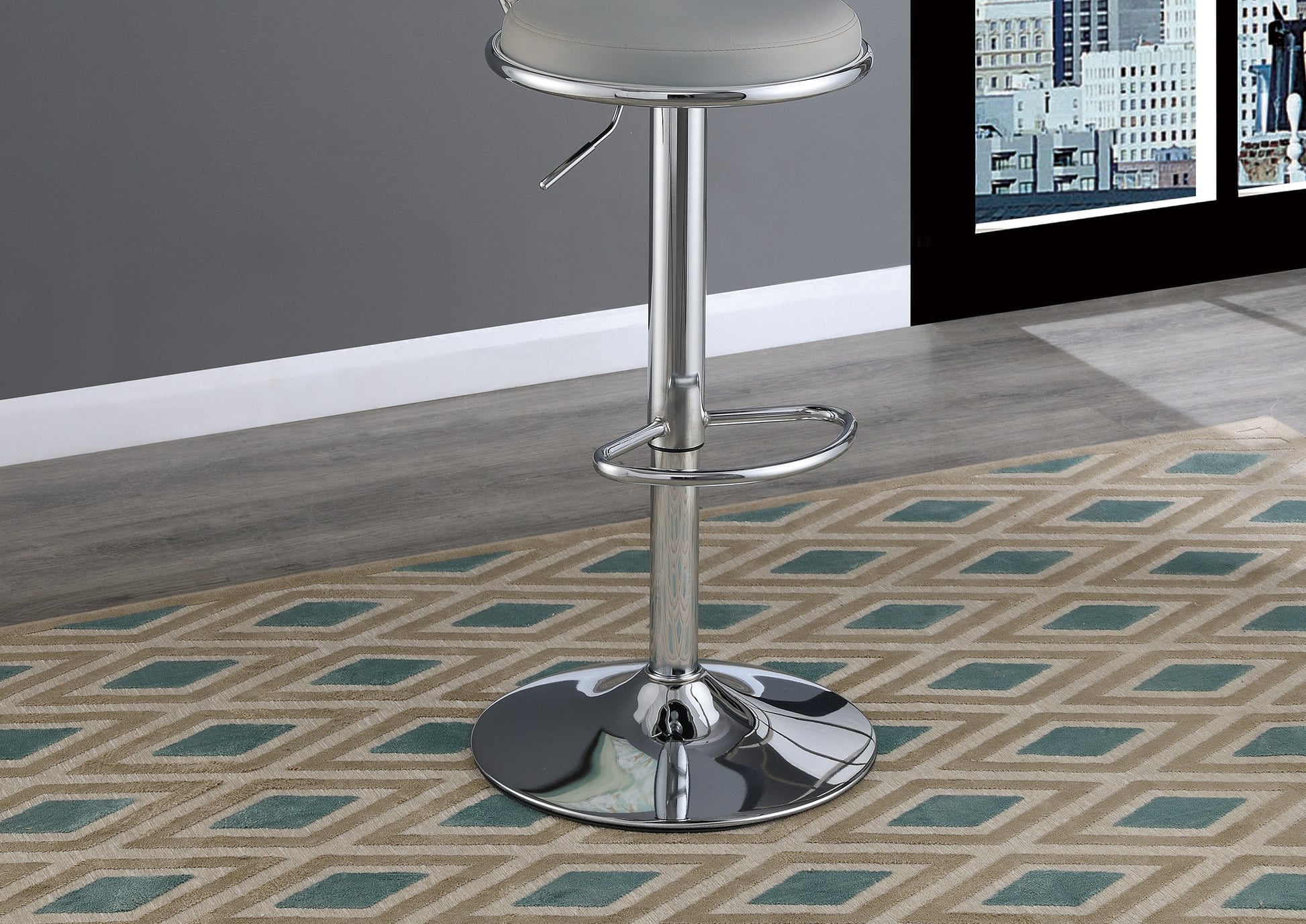 Adjustable grey leather bar stool with chrome base and footrest ideal for kitchens