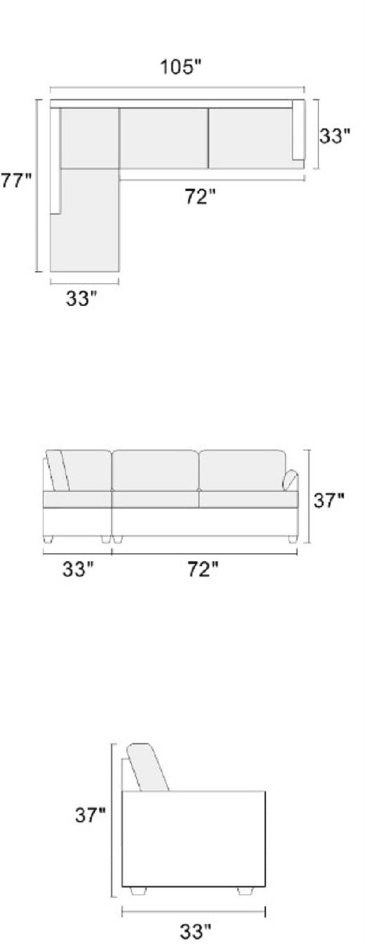 Diagram of a sectional sofa showing dimensions  total width  left depth  right depth