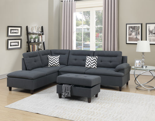 Dark gray fabric sectional sofa with chaise and tufted cushions ideal for living rooms