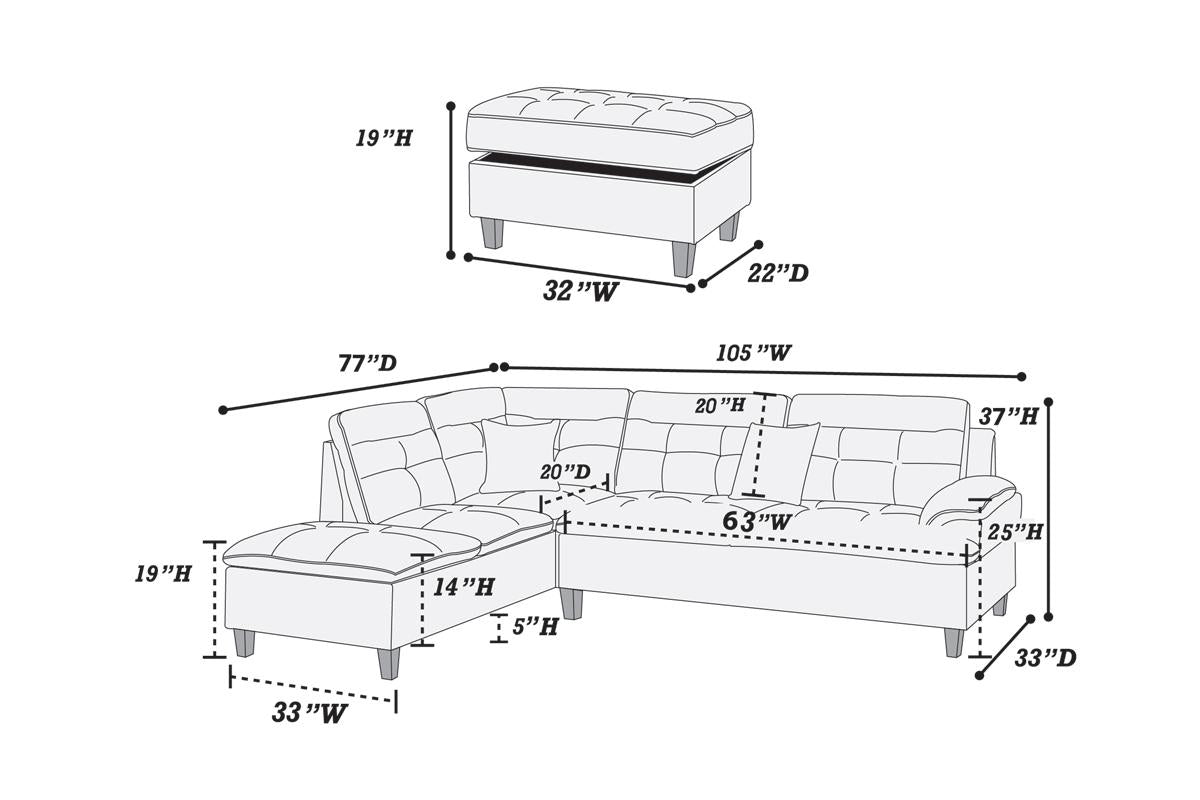 Diagram of tufted storage ottoman with dimensions W D H