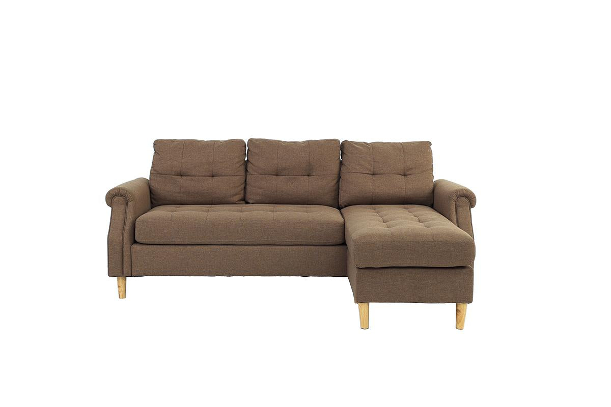 Brown fabric sectional sofa with tufted cushions and wooden legs for modern living room