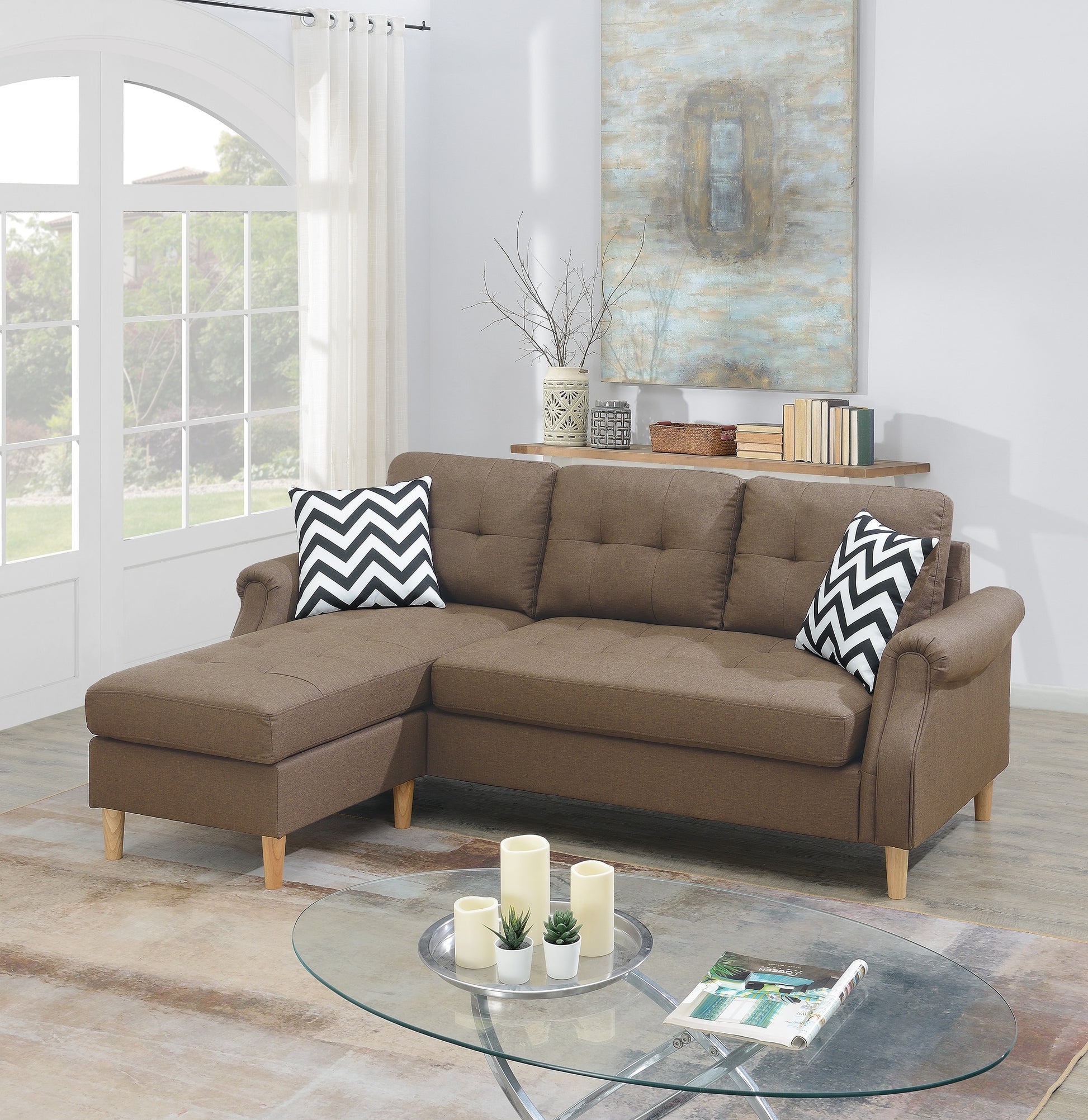 Brown fabric sectional sofa with tufted cushions and a chaise lounge perfect for living rooms