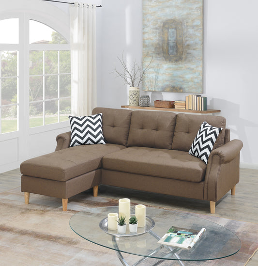 Brown fabric sectional sofa with tufted cushions and a chaise lounge perfect for living rooms