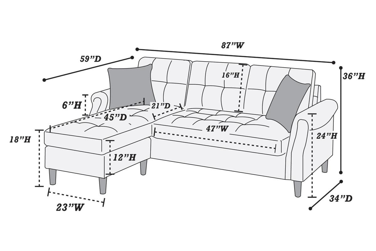Line drawing of a sectional sofa with dimensions showing tufted cushions