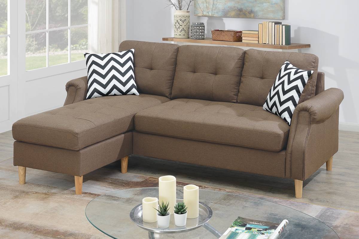 Brown fabric sectional sofa with chaise lounge and tufted cushions