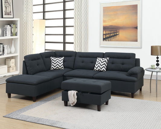 Charcoal grey sectional sofa with tufted cushions and ottoman with storage