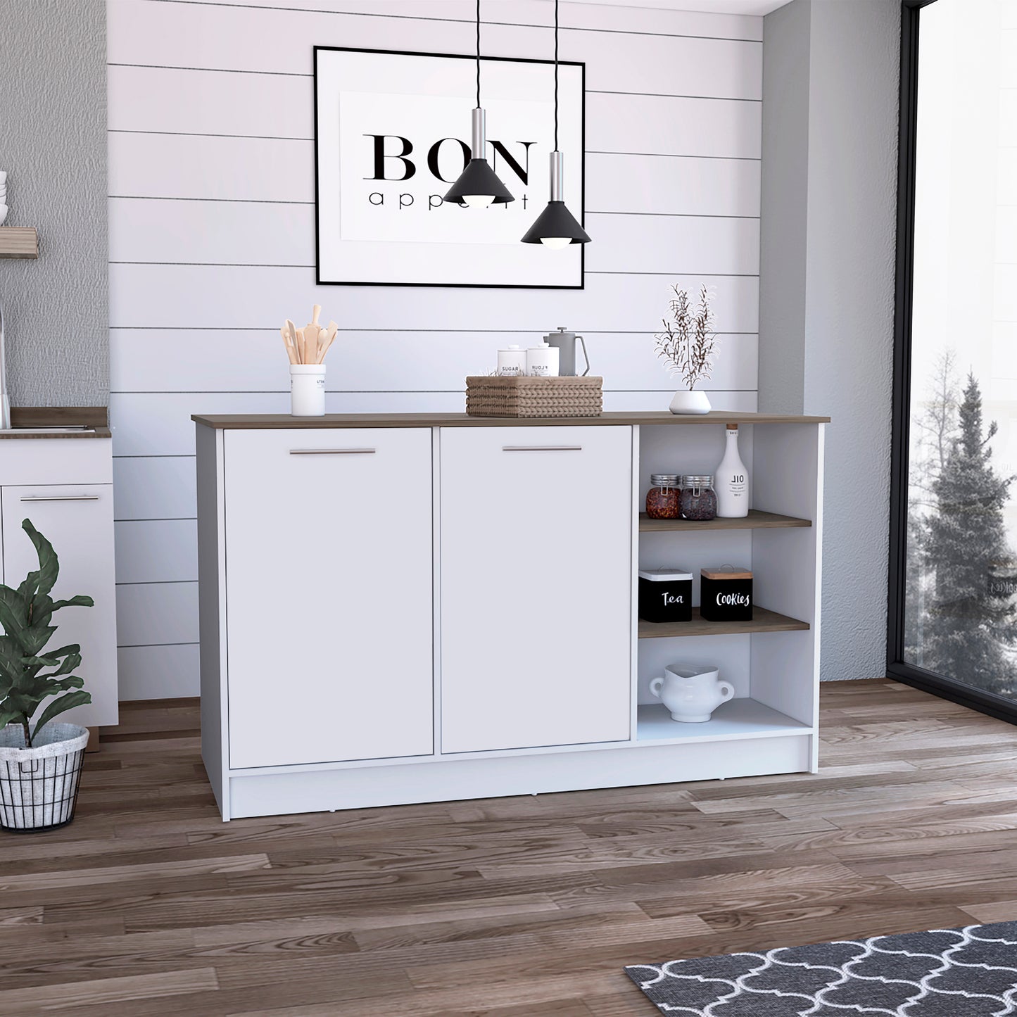 White and oak modern sideboard with two cabinet doors and open shelving