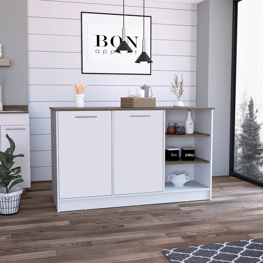 White and oak modern sideboard with two cabinet doors and open shelving