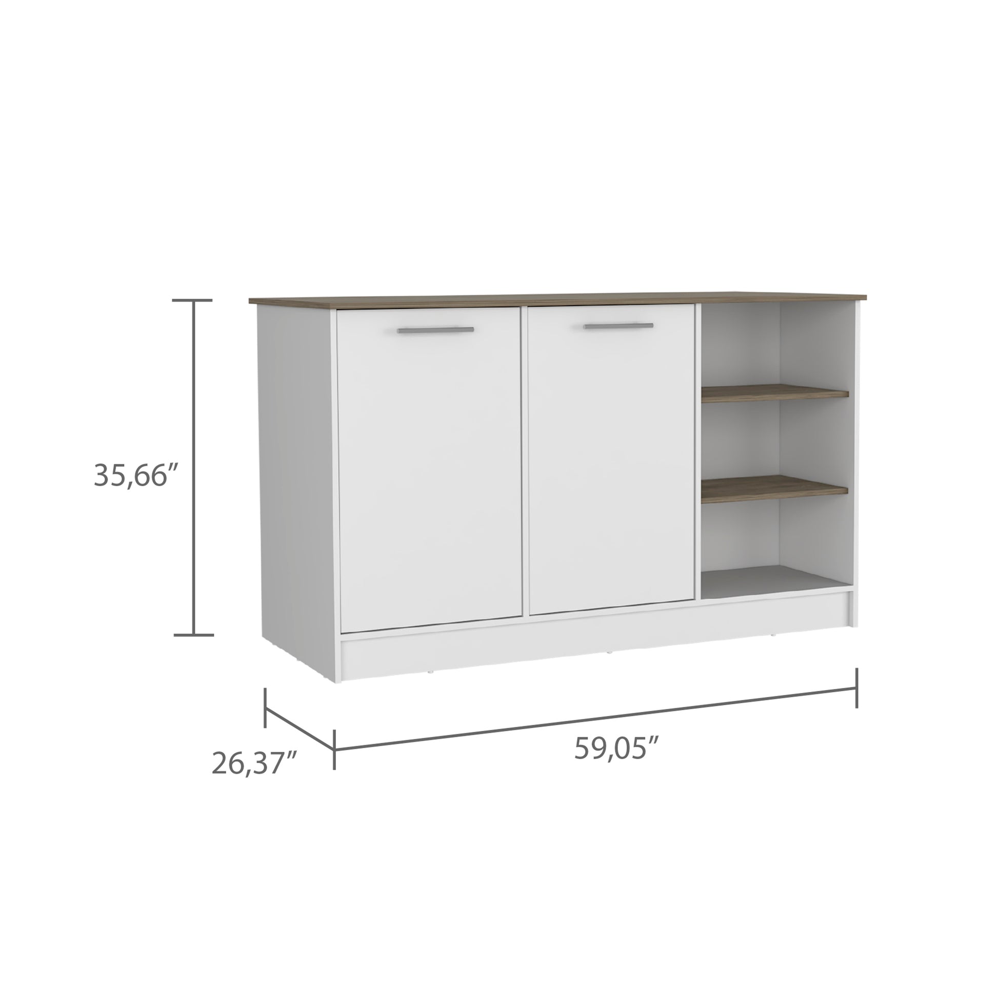 White and wood cabinet with two doors and open shelving