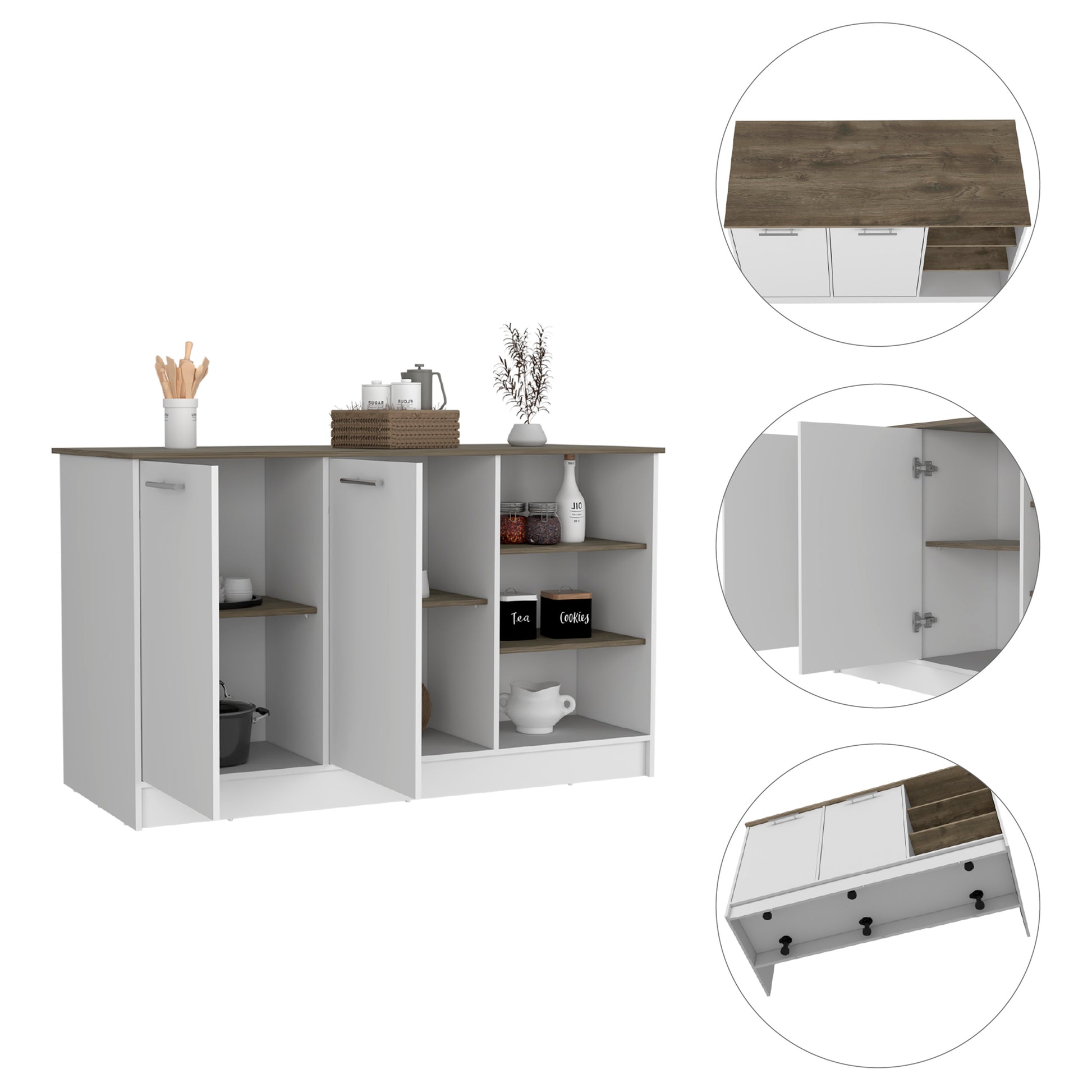 White and wood grain kitchen cabinet with three drawers and two shelved compartments