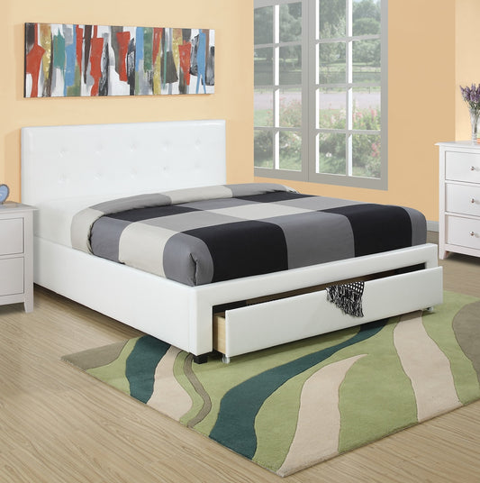White upholstered platform bed with tufted headboard and storage drawer