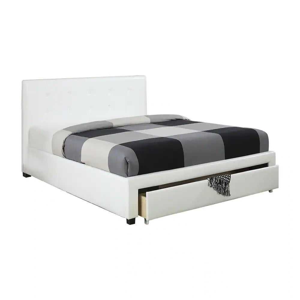Modern white faux leather platform bed with storage drawer and tufted headboard