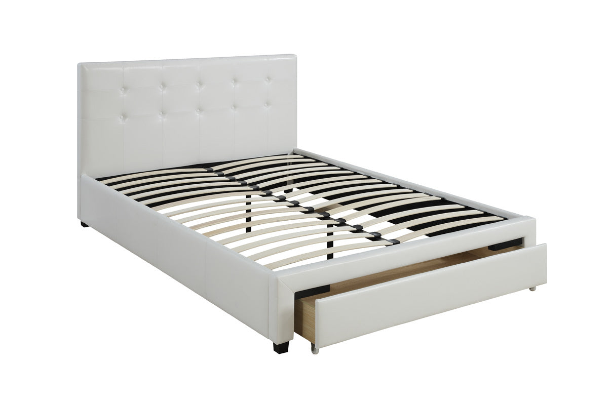 White faux leather platform bed frame with tufted headboard and builtin storage drawer for bedroom organization