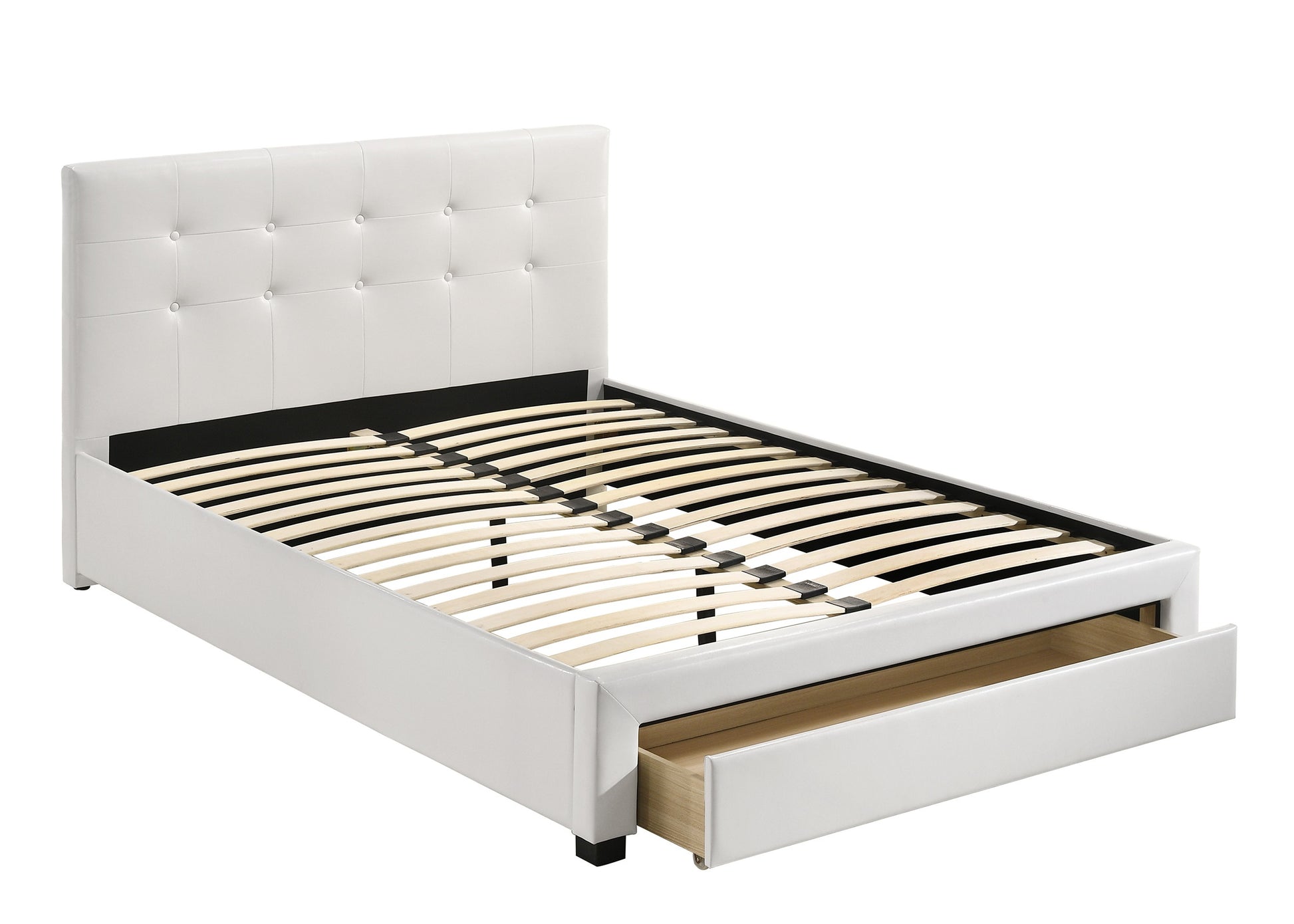 White faux leather bed frame with tufted headboard and builtin drawer storage