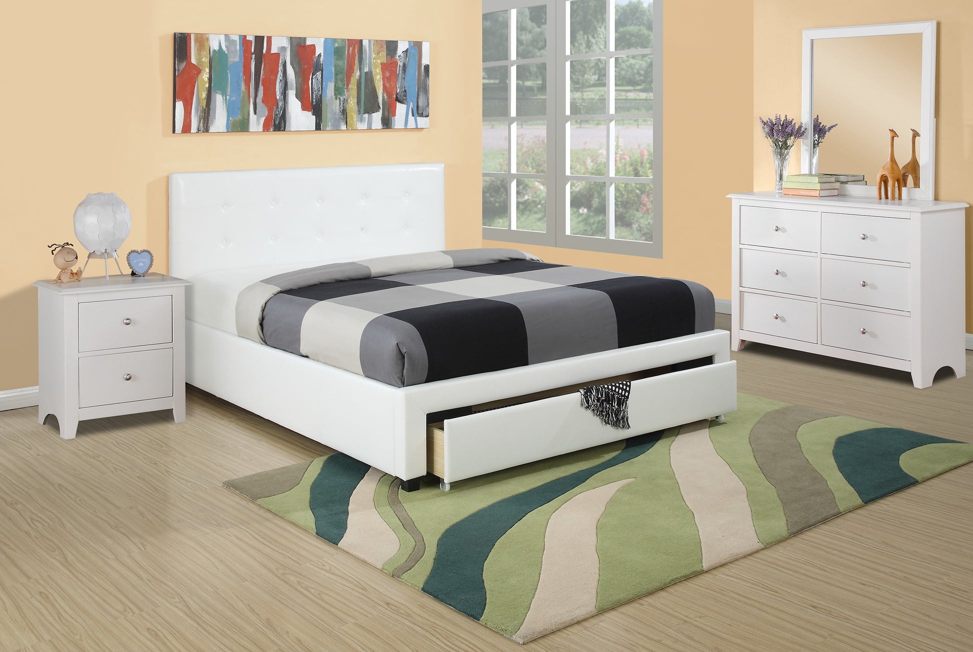 Modern white faux leather platform bed with tufted headboard and storage drawer