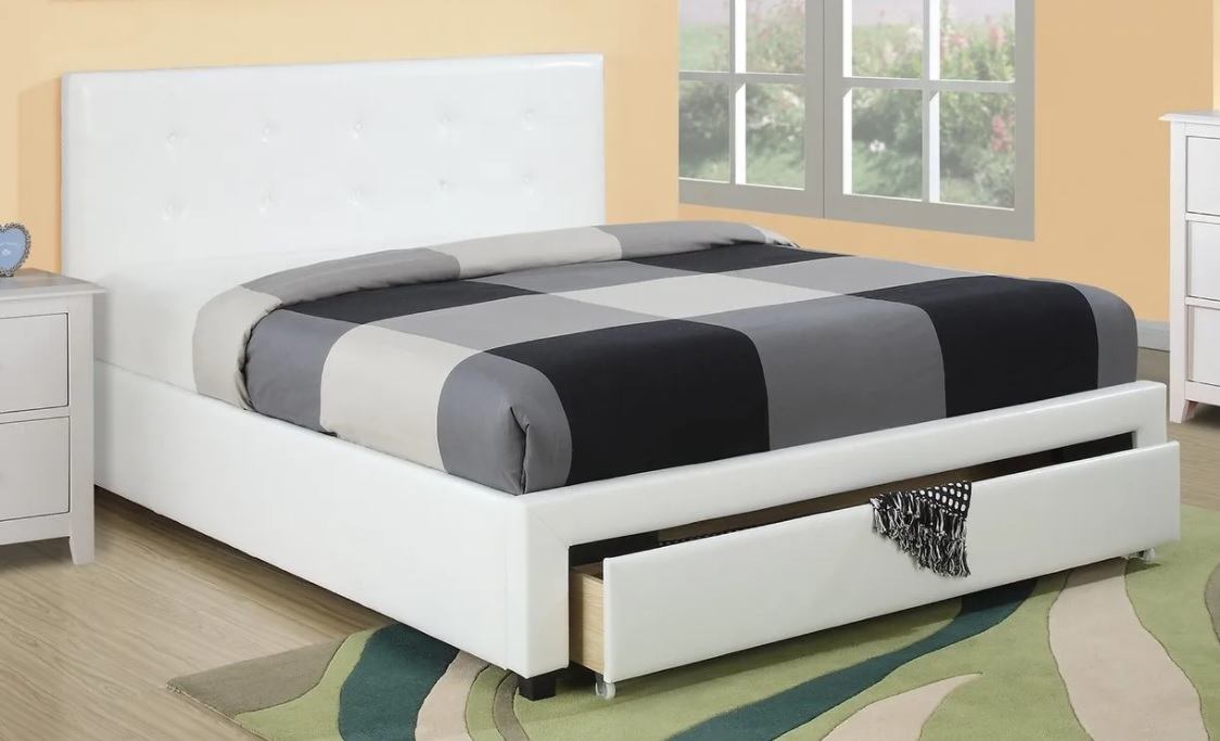 White faux leather platform bed frame with tufted headboard and storage drawer