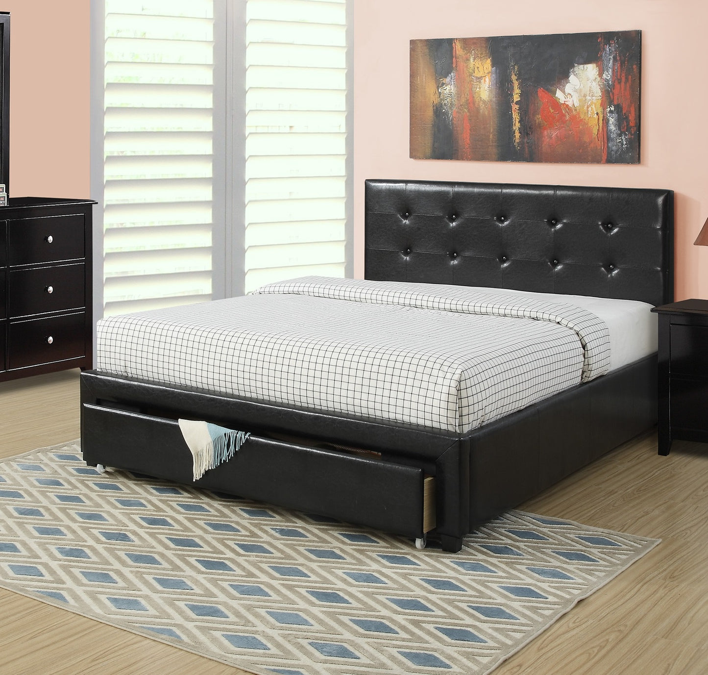 Black faux leather storage bed frame with tufted headboard and two drawers queen size