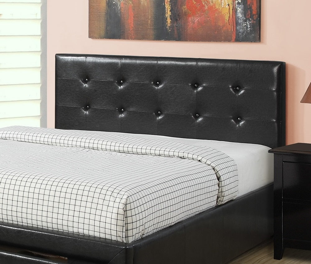 Tufted black faux leather headboard on a modern bed frame featuring button accents