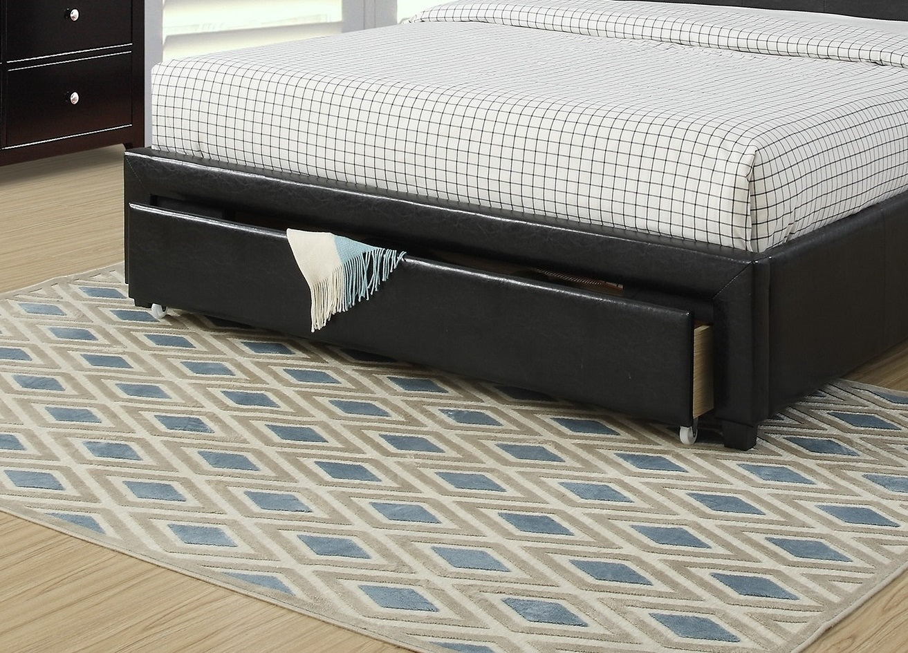 Black faux leather platform bed frame with two drawers for storage