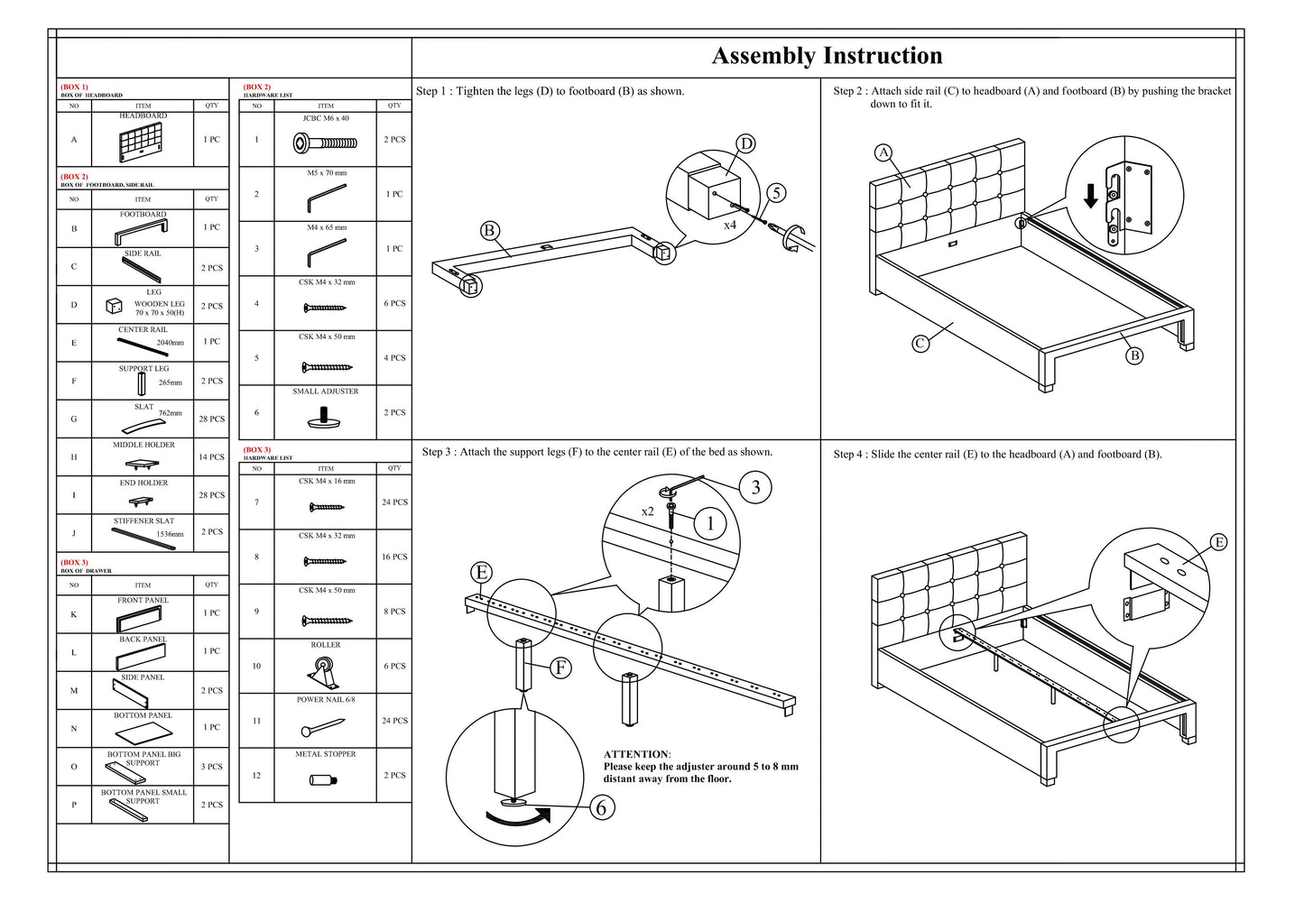 Diagram shows a headboard assembly part A a quilted upholstered item with tufted buttons