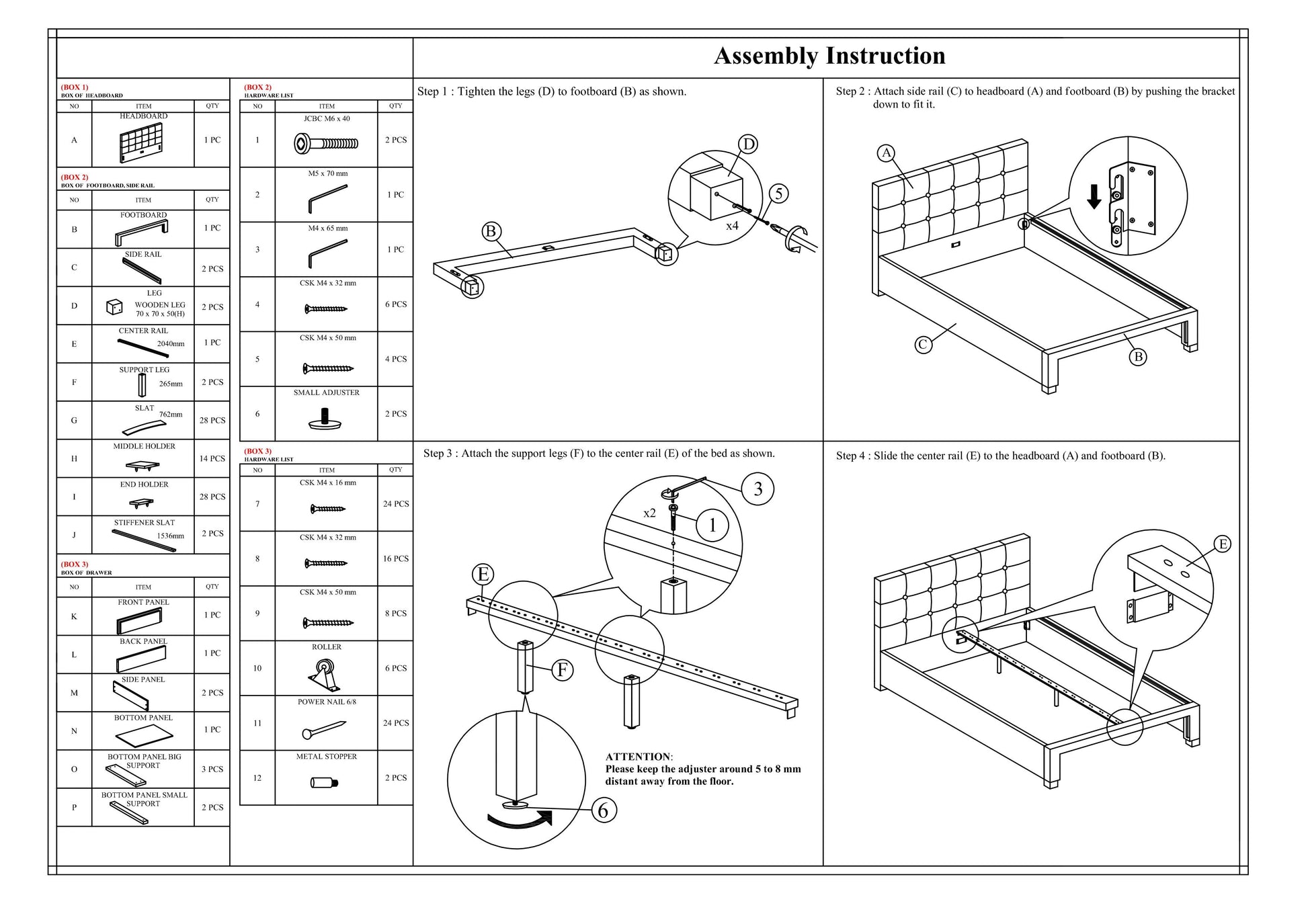 Diagram shows a headboard assembly part A a quilted upholstered item with tufted buttons
