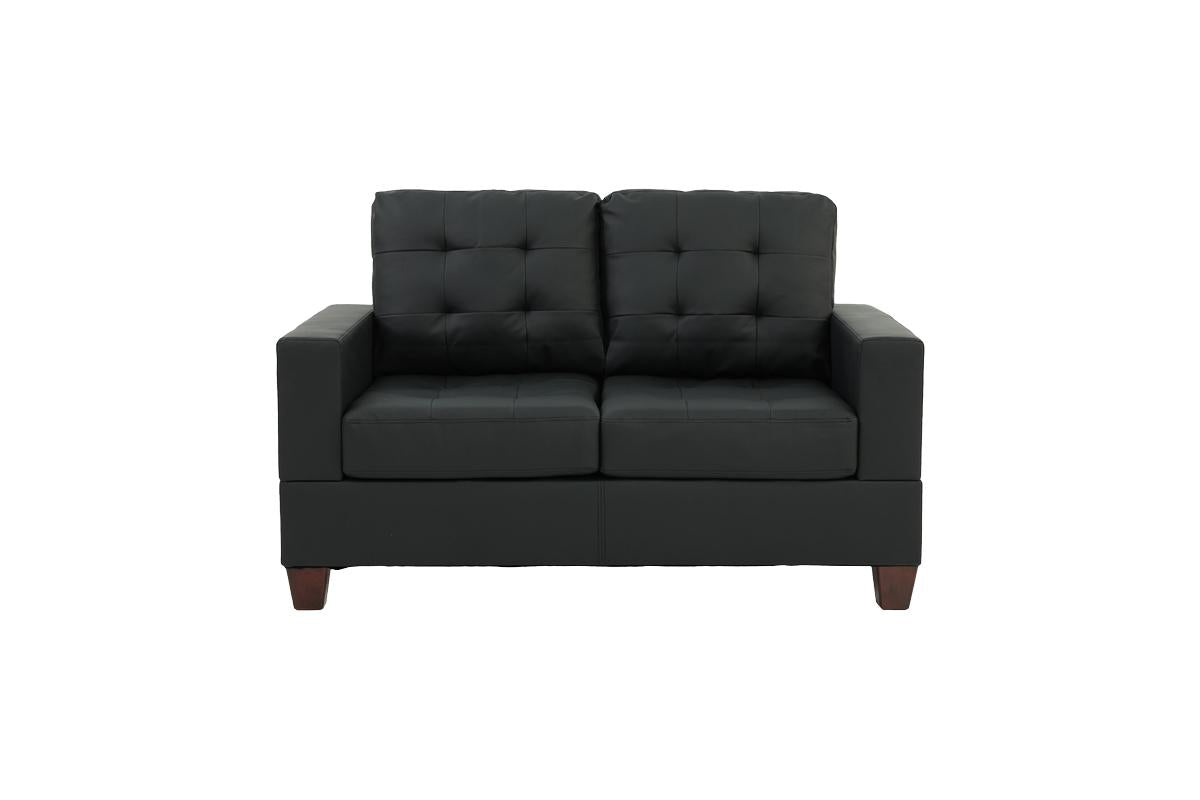 Black tufted faux leather loveseat with squared arms and short wooden legs