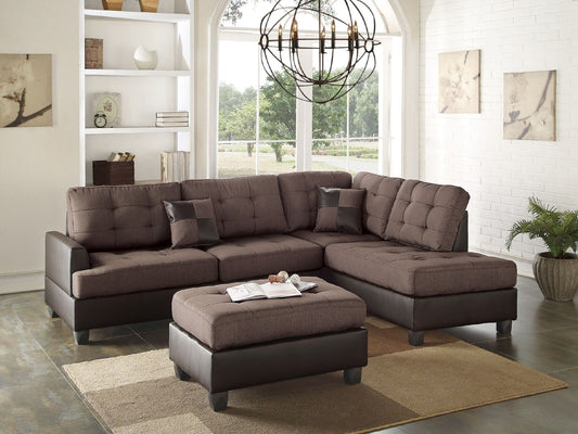 Brown fabric sectional sofa with tufted cushions and dark brown faux leather base