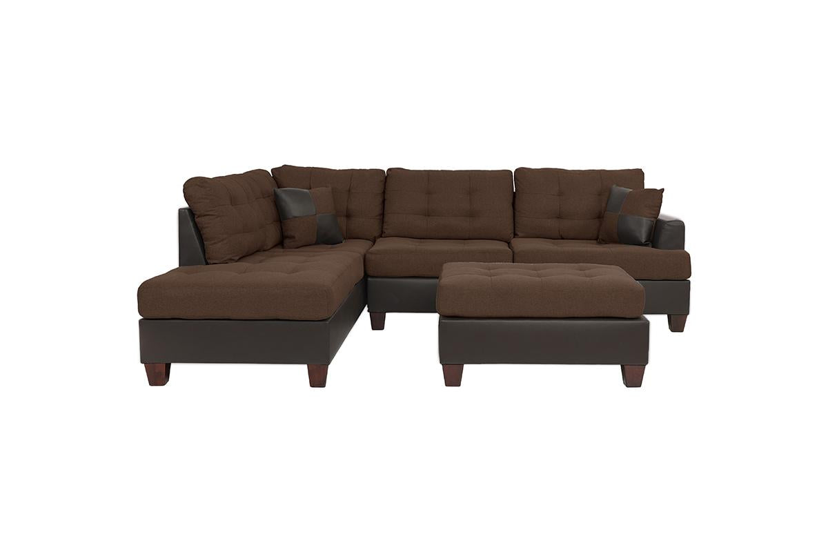 Brown fabric sectional sofa with matching ottoman and dark brown faux leather base