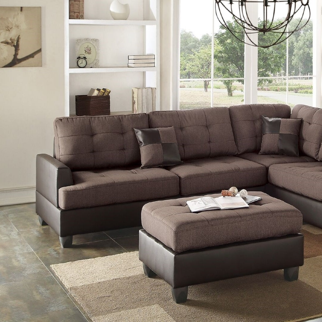 Tufted brown fabric sectional sofa with dark brown faux leather base and matching ottoman