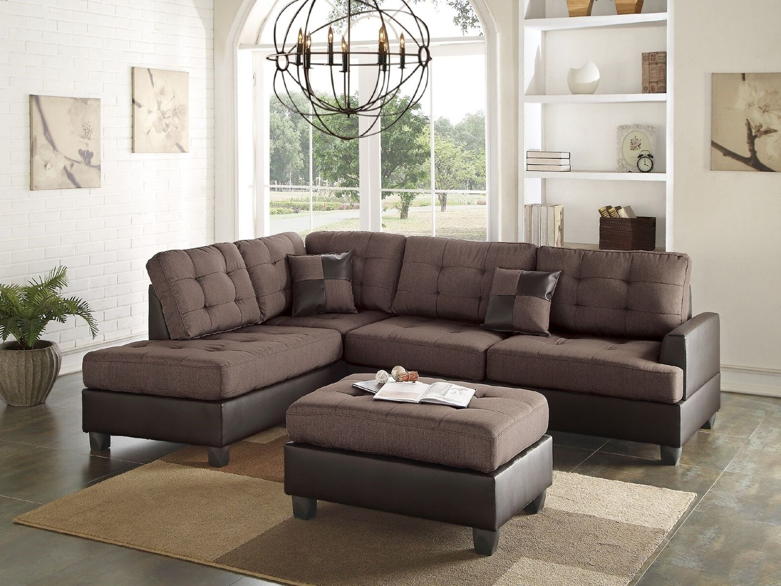 Tufted brown sectional sofa with dark brown leather base and matching ottoman