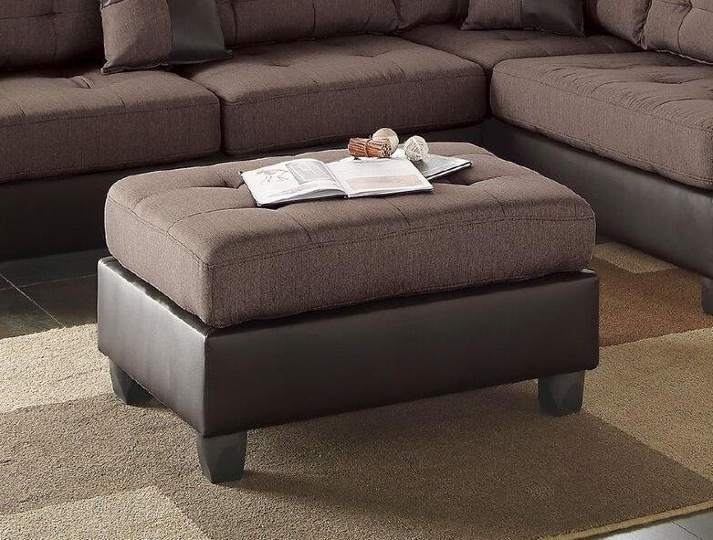 Tufted brown fabric ottoman with dark brown faux leather base perfect accent piece