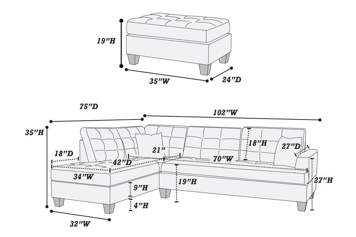 Diagram of a tufted ottoman with dimensions  W x  D x  H