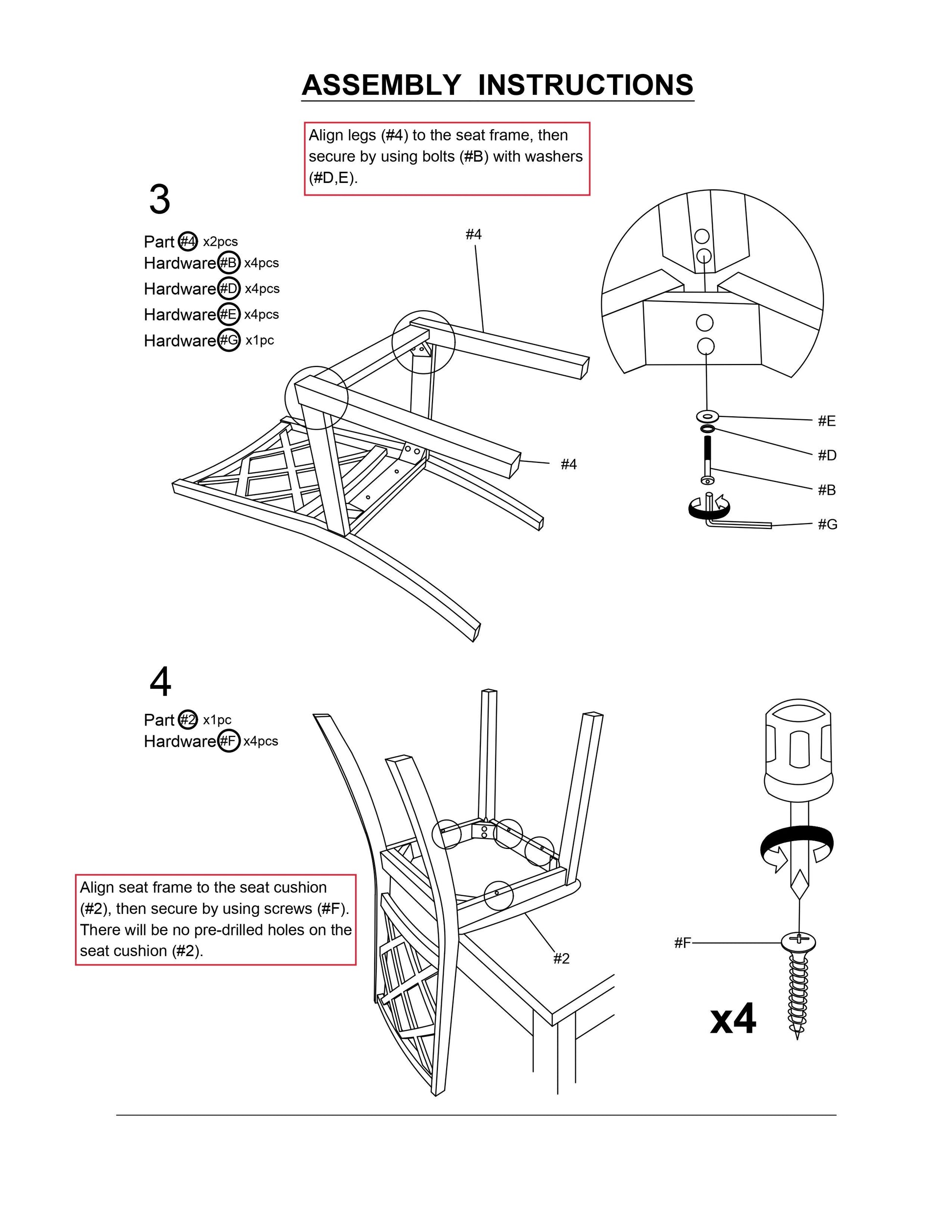 Diagram showing how to attach chair legs  using bolts B and washers D E