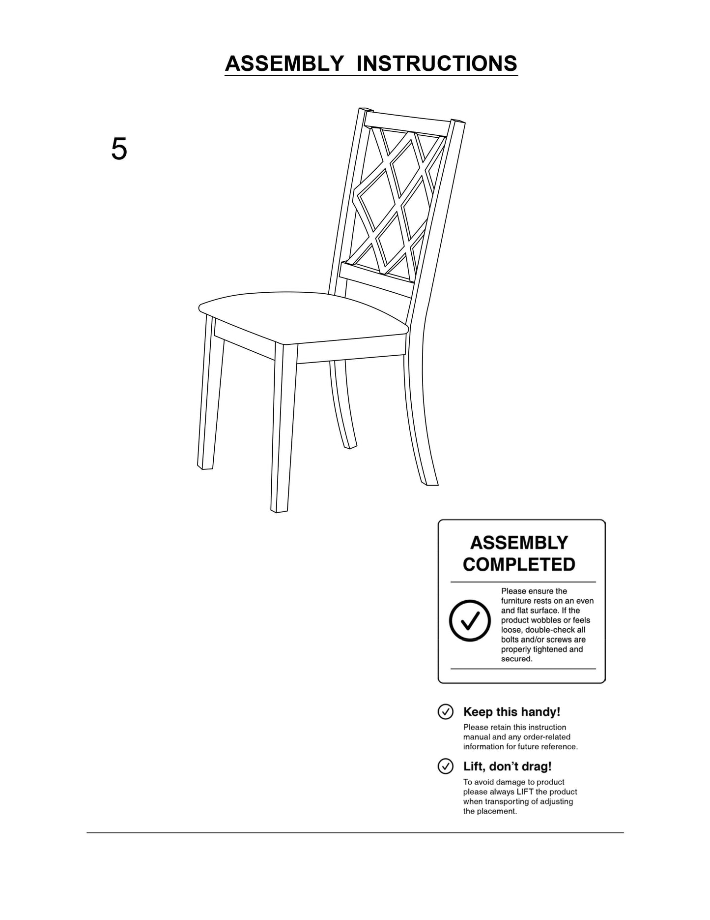 Line drawing of a wooden chair with a latticeback design part of assembly instructions