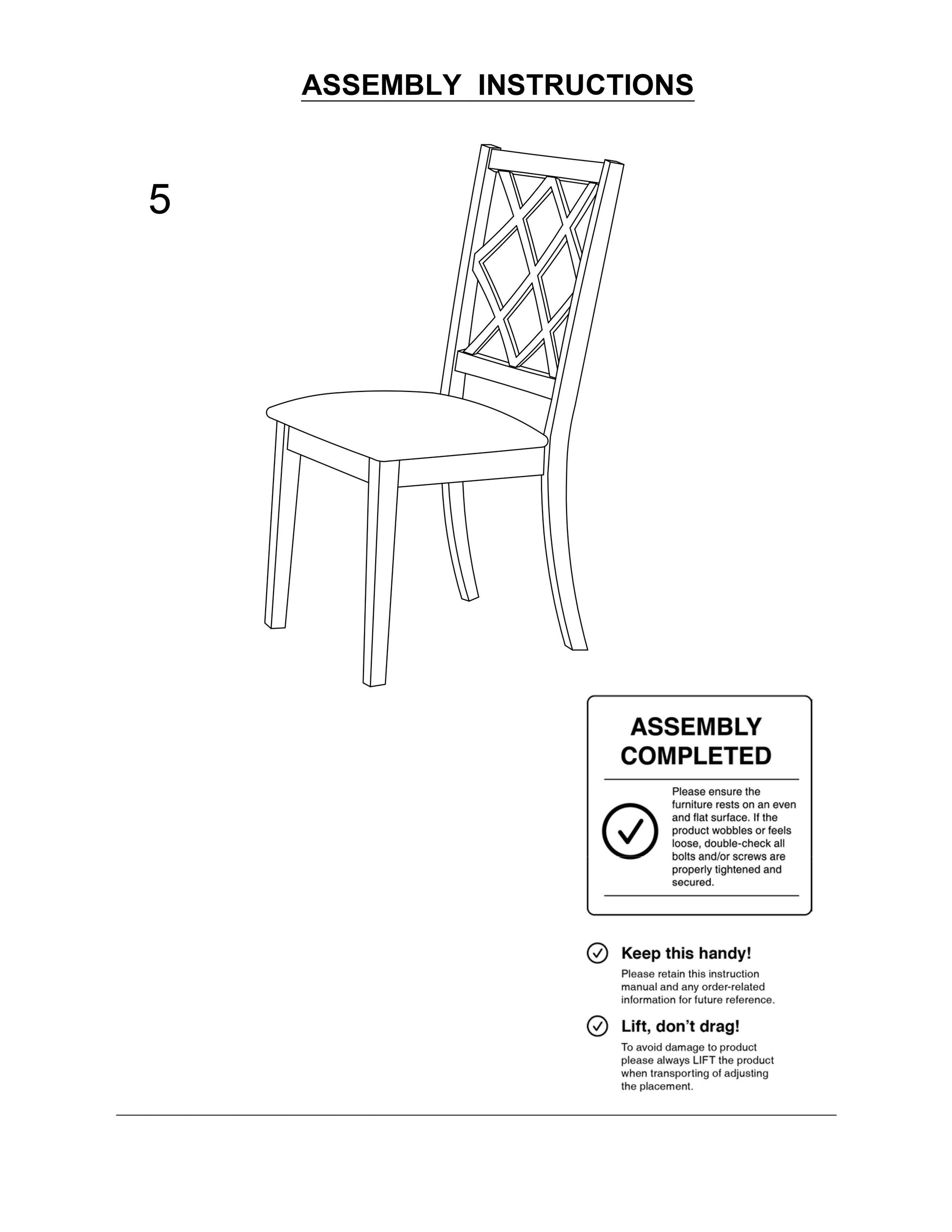 Line drawing of a wooden chair with a latticeback design part of assembly instructions