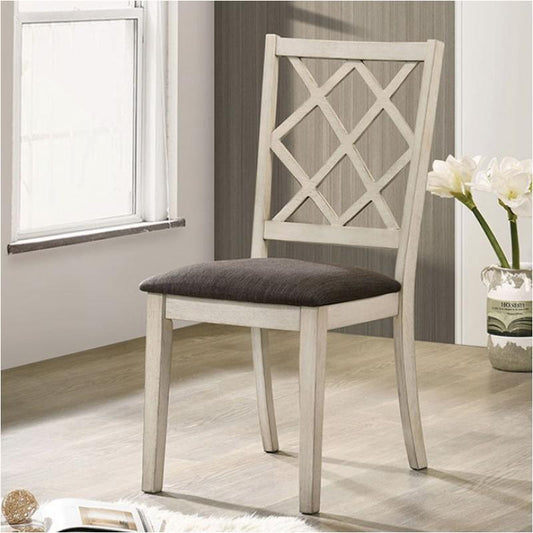 White wood dining chair with diamond pattern back and charcoal upholstered seat