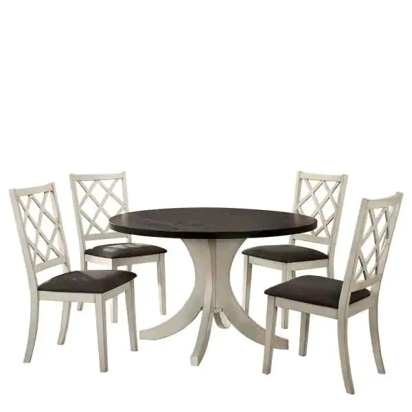 Round dining table with four white latticeback chairs for a modern kitchen