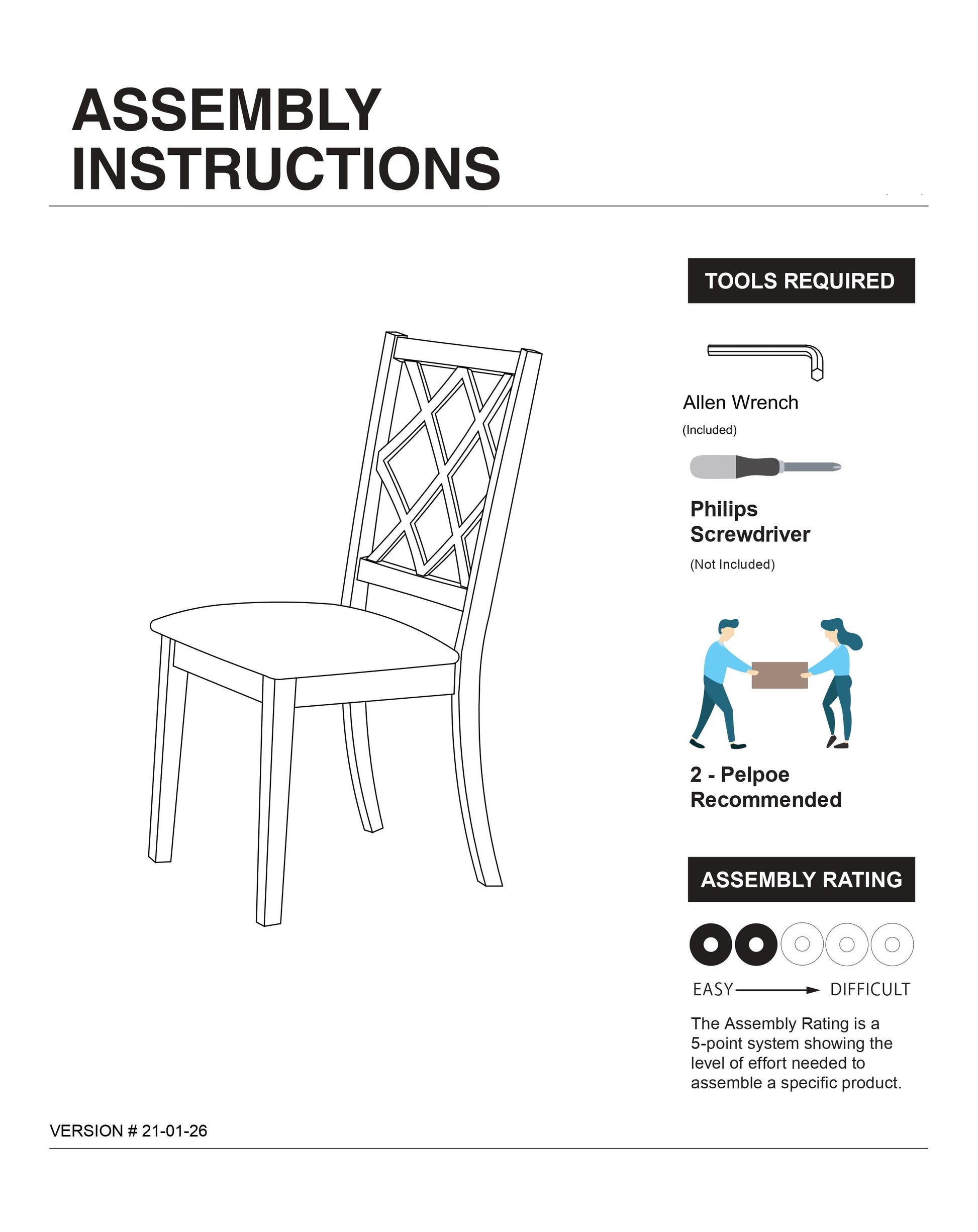 Line drawing of a wooden chair with a diamondpatterned backrest ready for assembly